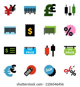 solid vector ixon set - japanese candle vector, receipt, euro sign, pound, yen, barcode, low price signboard, sale, percent, coupon
