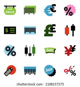 solid vector ixon set - japanese candle vector, receipt, euro sign, pound, yen, barcode, low price signboard, sale, percent, coupon