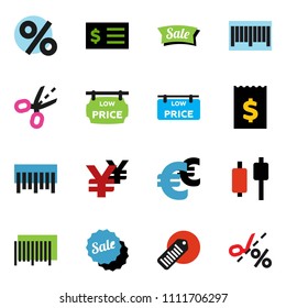 solid vector ixon set - japanese candle vector, receipt, euro sign, yen, barcode, low price signboard, sale, percent, coupon