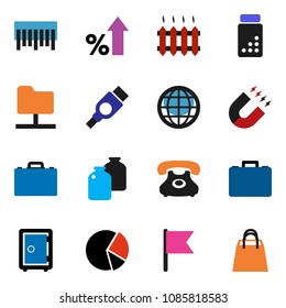 solid vector ixon set - jar vector, case, magnet, flag, pie graph, percent growth, safe, pills vial, phone, barcode, hdmi, network folder, globe, heating, shopping bag