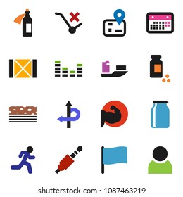 solid vector ixon set - jar vector, flag, pills vial, muscule hand, breads, run, route, navigator, ship, calendar, wood box, no trolley, equalizer, jack, potion, user