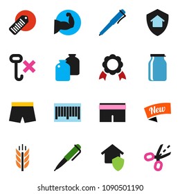 solid vector ixon set - jar vector, pen, medal, muscule hand, shorts, cereals, no hook, barcode, home protect, new, coupon