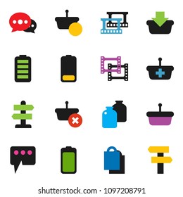 solid vector ixon set - jar vector, signpost, film frame, battery, message, shopping bag, basket