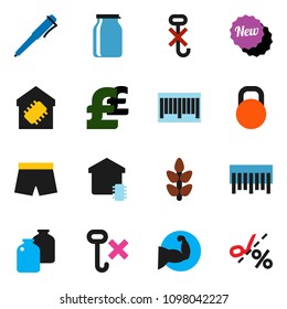 solid vector ixon set - jar vector, pen, pound, muscule hand, shorts, cereals, no hook, weight, barcode, smart home, new, coupon