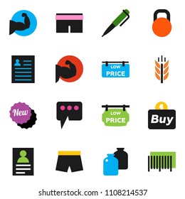 solid vector ixon set - jar vector, pen, personal information, muscule hand, shorts, cereals, weight, message, low price signboard, new, buy, barcode