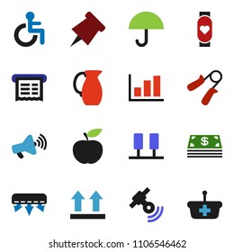 solid vector ixon set - jug vector, paper pin, graph, diet, hand trainer, heart monitor, umbrella, top sign, satellitie, loudspeaker, disabled, server, air conditioner, cash, receipt, basket