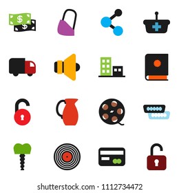 solid vector ixon set - jug vector, molecule, film spool, disk, speaker, hdmi, bandage, tooth implant, unlock, apartments, credit card, cash, basket, delivery, catalog
