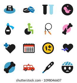 solid vector ixon set - jump rope vector, calendar, heart cross, bone, weight, disabled, pulse, thermometer, vial, pregnancy, broken, pills, microbs, amkbulance car, potion, head bandage