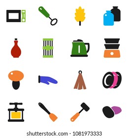 solid vector ixon set - kettle vector, oil, cook glove, towel, press, whisk, spatula, meat hammer, microwave oven, double boiler, plates, jar, cereal, pasta, mushroom, potato