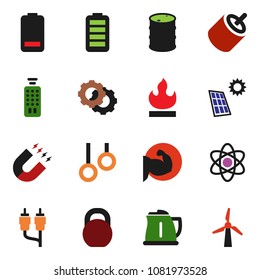 solid vector ixon set - kettle vector, atom, magnet, weight, muscule hand, gymnast rings, flammable, oil barrel, remote control, battery, rca, gear, solar panel, windmill