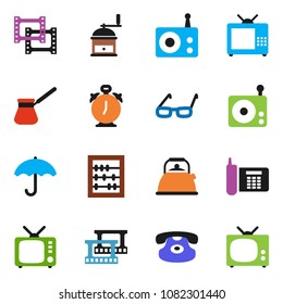 solid vector ixon set - kettle vector, hand mill, turk coffee, glasses, alarm clock, abacus, phone, umbrella, film frame, radio, tv, classic