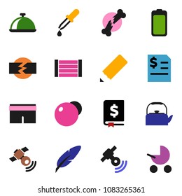 solid vector ixon set - kettle vector, dish, pen, pencil, annual report, fitball, shorts, wood box, satellitie, battery, dropper, broken bone, disconnection, baby stroller