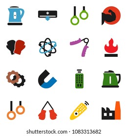 solid vector ixon set - kettle vector, atom, magnet, hand trainer, muscule, boxing glove, gymnast rings, flammable, remote control, gear, air conditioner, factory