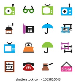solid vector ixon set - kettle vector, hand mill, turk coffee, glasses, abacus, phone, umbrella, film frame, radio, classic, tv, closed