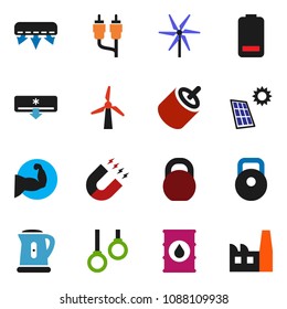 solid vector ixon set - kettle vector, magnet, weight, muscule hand, gymnast rings, oil barrel, battery, rca, solar panel, windmill, air conditioner, factory