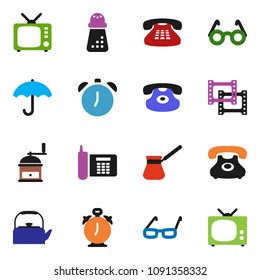 solid vector ixon set - kettle vector, hand mill, turk coffee, glasses, alarm clock, phone, umbrella, film frame, tv, classic