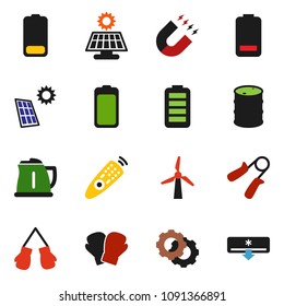 solid vector ixon set - kettle vector, magnet, hand trainer, boxing glove, oil barrel, remote control, battery, gear, solar panel, windmill, air conditioner