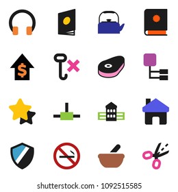 solid vector ixon set - kettle vector, steak, school building, dollar growth, no smoking, hook, headphones, mortar, connect, shield, home, hierarchy, star, catalog, coupon