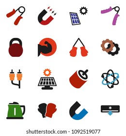 solid vector ixon set - kettle vector, atom, magnet, weight, hand trainer, muscule, boxing glove, rca, gear, solar panel, air conditioner
