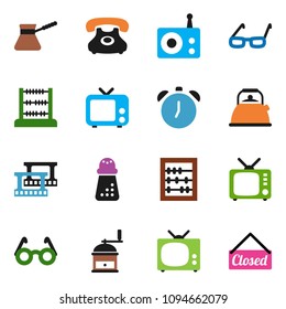 solid vector ixon set - kettle vector, hand mill, turk coffee, glasses, alarm clock, abacus, phone, film frame, radio, tv, closed