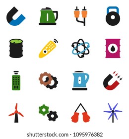 solid vector ixon set - kettle vector, atom, magnet, weight, boxing glove, oil barrel, remote control, rca, gear, windmill