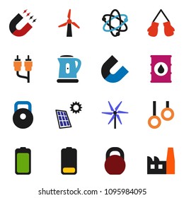 solid vector ixon set - kettle vector, atom, magnet, weight, boxing glove, gymnast rings, oil barrel, battery, rca, solar panel, windmill, factory