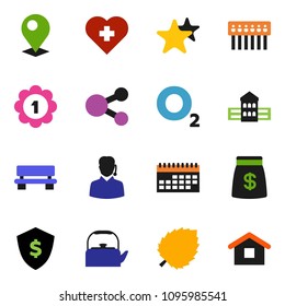 solid vector ixon set - kettle vector, school building, leaf, dollar shield, medal, heart cross, oxygen, calendar, favorites, hub, share, bench, pin, money bag, support, home
