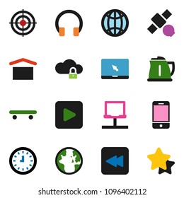 solid vector ixon set - kettle vector, world, clock, skateboard, target, satellite, dry cargo, mobile phone, headphones, notebook pc, play button, backward, network, cloud lock, globe, star