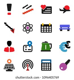 solid vector ixon set - kettle vector, atom, crisis, manager, calculator, calendar, euro sign, stairways run, heart monitor, navigator, plane, antenna, bench, attention, solar panel, key