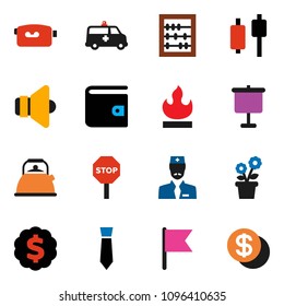 solid vector ixon set - kettle vector, abacus, presentation, flag, japanese candle, wallet, dollar medal, tie, flammable, speaker, video camera, amkbulance car, doctor, stop, flower in pot, coin