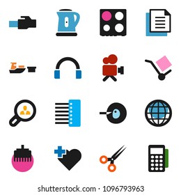 solid vector ixon set - kettle vector, oven, heart cross, port, document, cargo, video camera, headphones, insemination, scissors, hub, lan connector, globe, client search, card reader
