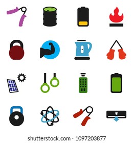 solid vector ixon set - kettle vector, atom, weight, hand trainer, muscule, boxing glove, gymnast rings, flammable, oil barrel, remote control, battery, solar panel, air conditioner