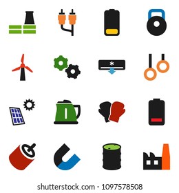 solid vector ixon set - kettle vector, magnet, weight, boxing glove, gymnast rings, oil barrel, battery, rca, gear, solar panel, windmill, air conditioner, factory