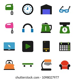 solid vector ixon set - kettle vector, scales, mixer, glasses, table lamp, clock, skateboard, calendar, mobile phone, headphones, notebook pc, play button, barn, cushioned furniture