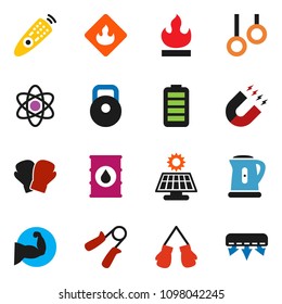 solid vector ixon set - kettle vector, atom, magnet, weight, hand trainer, muscule, boxing glove, gymnast rings, flammable, oil barrel, remote control, battery, solar panel, air conditioner