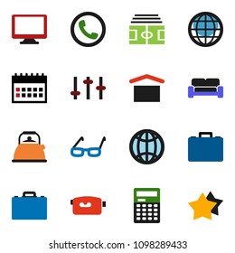 solid vector ixon set - kettle vector, glasses, case, calculator, calendar, stadium, dry cargo, settings, video camera, monitor, globe, cushioned furniture, phone, star