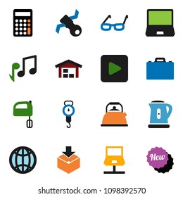 solid vector ixon set - kettle vector, scales, mixer, glasses, case, music, calculator, satellite, package, notebook pc, play button, network, globe, barn, new