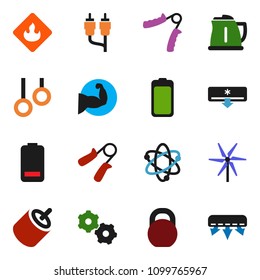 solid vector ixon set - kettle vector, atom, weight, hand trainer, muscule, gymnast rings, flammable, battery, rca, gear, windmill, air conditioner