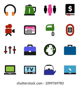 solid vector ixon set - kettle vector, mixer, case, notebook pc, annual report, man, stadium, earth, calendar, settings, tv, video camera, headphones