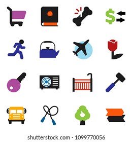 solid vector ixon set - kettle vector, meat hammer, school bus, exchange, jump rope, run, plane, tulip, broken bone, fruit tree, key, crib, ari condition, cart, catalog, signpost