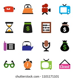 solid vector ixon set - kettle vector, glasses, alarm clock, abacus, money bag, phone, tv, video camera, microphone, sand, closed