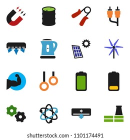 solid vector ixon set - kettle vector, atom, magnet, hand trainer, muscule, gymnast rings, oil barrel, battery, rca, gear, solar panel, windmill, air conditioner, factory
