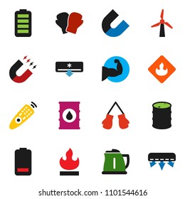 solid vector ixon set - kettle vector, magnet, muscule hand, boxing glove, flammable, oil barrel, remote control, battery, windmill, air conditioner