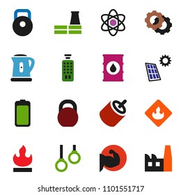 solid vector ixon set - kettle vector, atom, weight, muscule hand, gymnast rings, flammable, oil barrel, remote control, battery, rca, gear, solar panel, factory