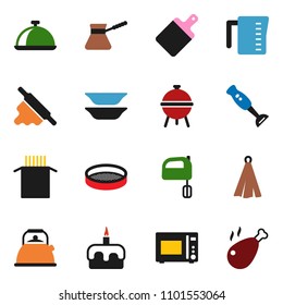 solid vector ixon set - kettle vector, measuring cup, towel, rolling pin, cutting board, turk coffee, mixer, microwave oven, blender, bbq, plates, sieve, dish, pasta, cake, chicken leg