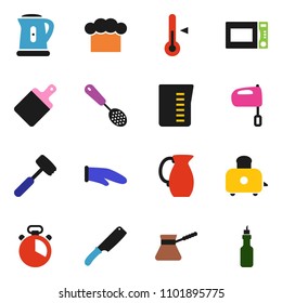 solid vector ixon set - kettle vector, measuring cup, cook hat, glove, timer, skimmer, knife, meat hammer, cutting board, turk coffee, mixer, toaster, microwave oven, thermometer, jug, oil