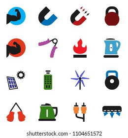 solid vector ixon set - kettle vector, magnet, weight, hand trainer, muscule, boxing glove, flammable, remote control, rca, solar panel, windmill, air conditioner