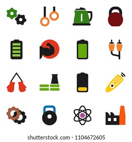 solid vector ixon set - kettle vector, atom, weight, muscule hand, boxing glove, gymnast rings, remote control, battery, rca, gear, factory