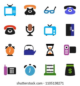 solid vector ixon set - kettle vector, glasses, alarm clock, abacus, sand, phone, tv, video camera, microphone, classic, fridge, money bag