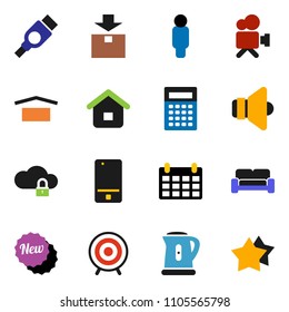 solid vector ixon set - kettle vector, calculator, man, calendar, target, dry cargo, package, speaker, video camera, mobile phone, hdmi, cloud lock, cushioned furniture, new, home, star